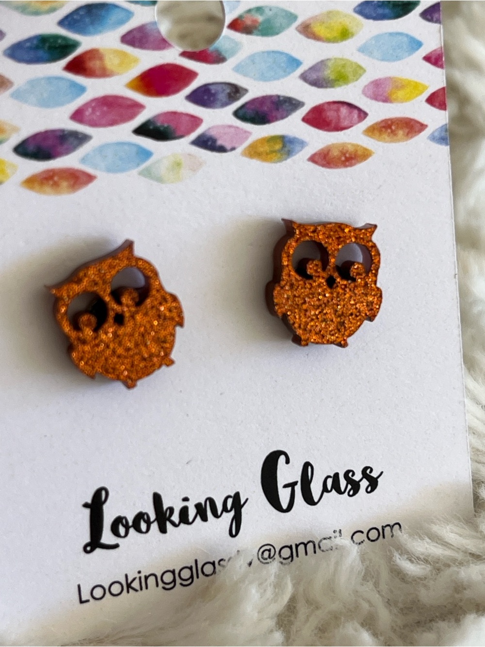 Orange Glitter Owl Stud Earrings